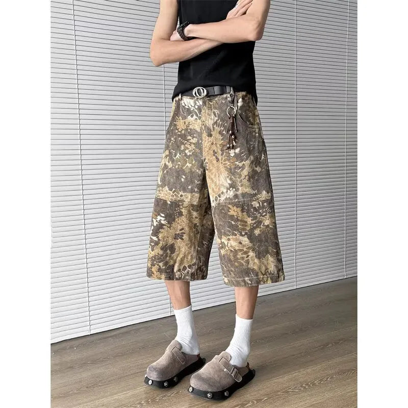 Yellow snake pattern camouflage cropped jeans with cotton denim construction showing tooling detailing