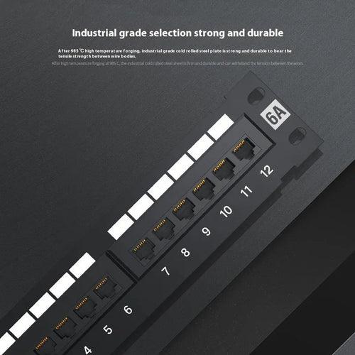 Black unshielded 12-port network distribution frame with hook bracket for cabinet mounting.