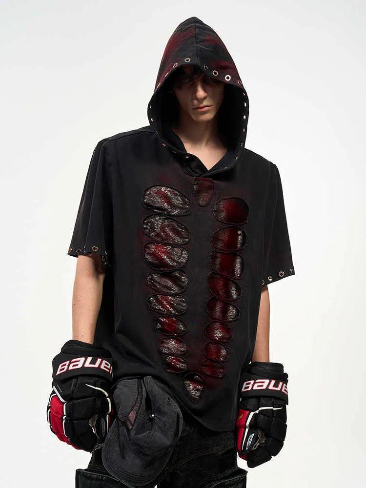 Black men's hooded short-sleeved t-shirt with sequin detailing and loose-fit design