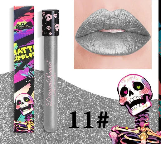 Halloween creative makeup lip gloss in skull test tube with matte gold silver finish