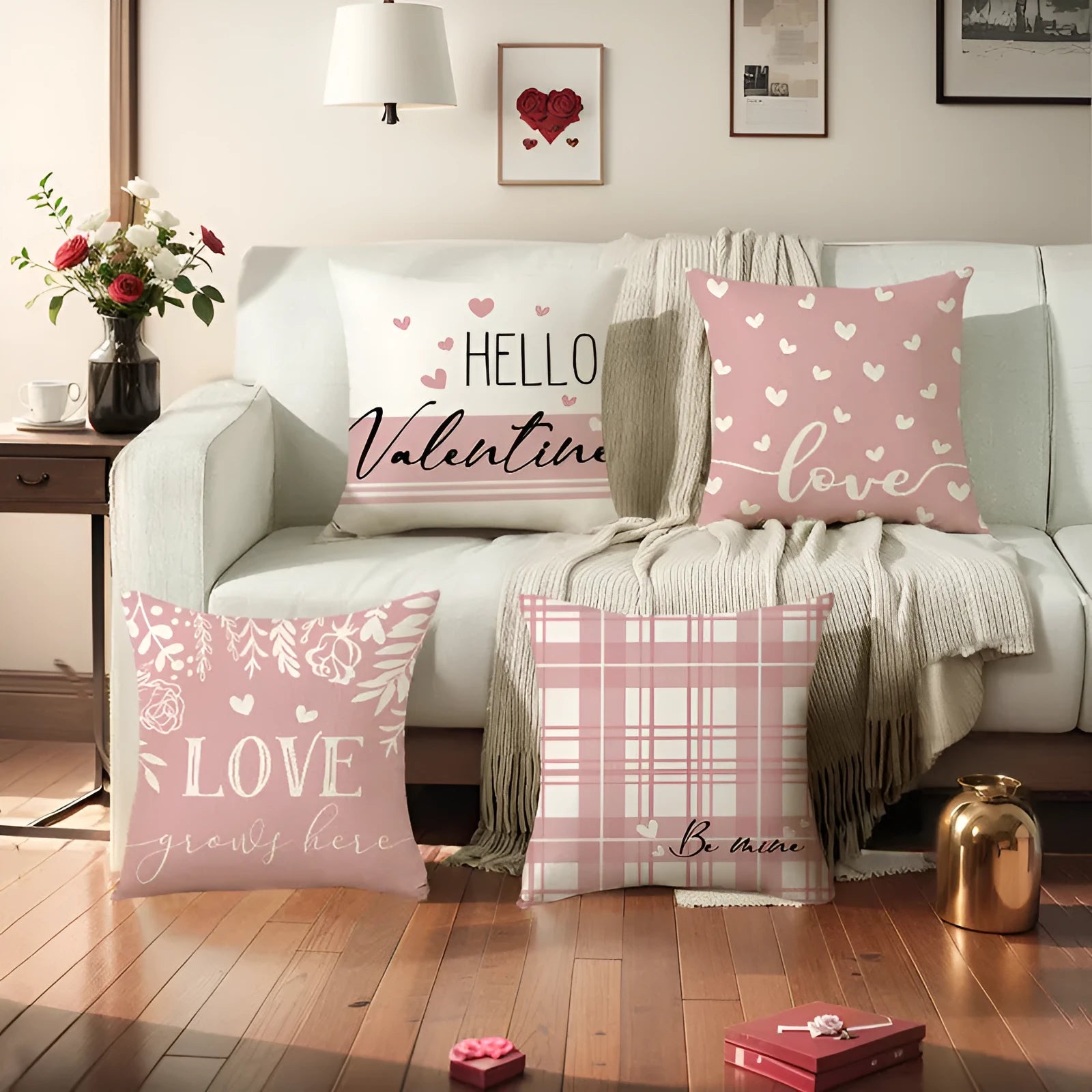 Valentine's Day decorative pillow cover with colourful plaid heart print, 45x45 cm size