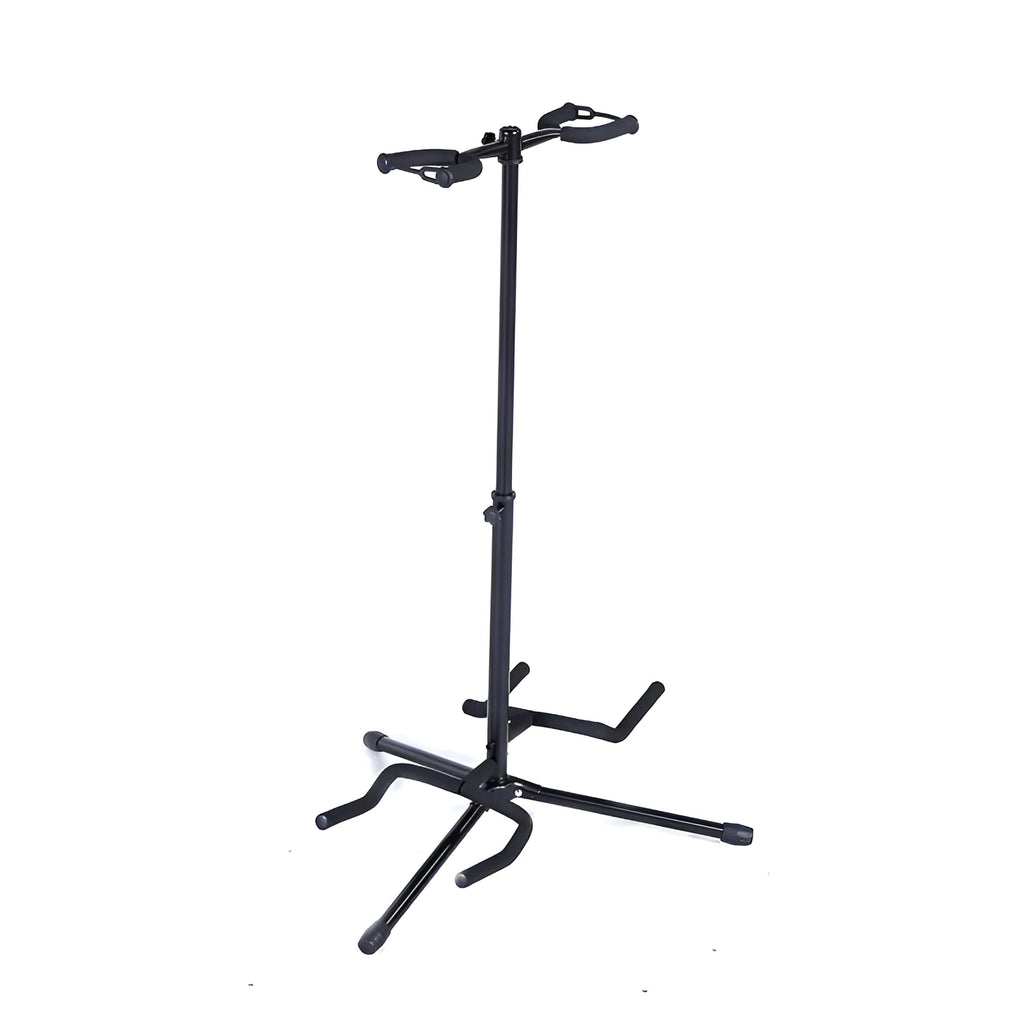 Black vertical double-headed adjustable iron guitar stand on a floor