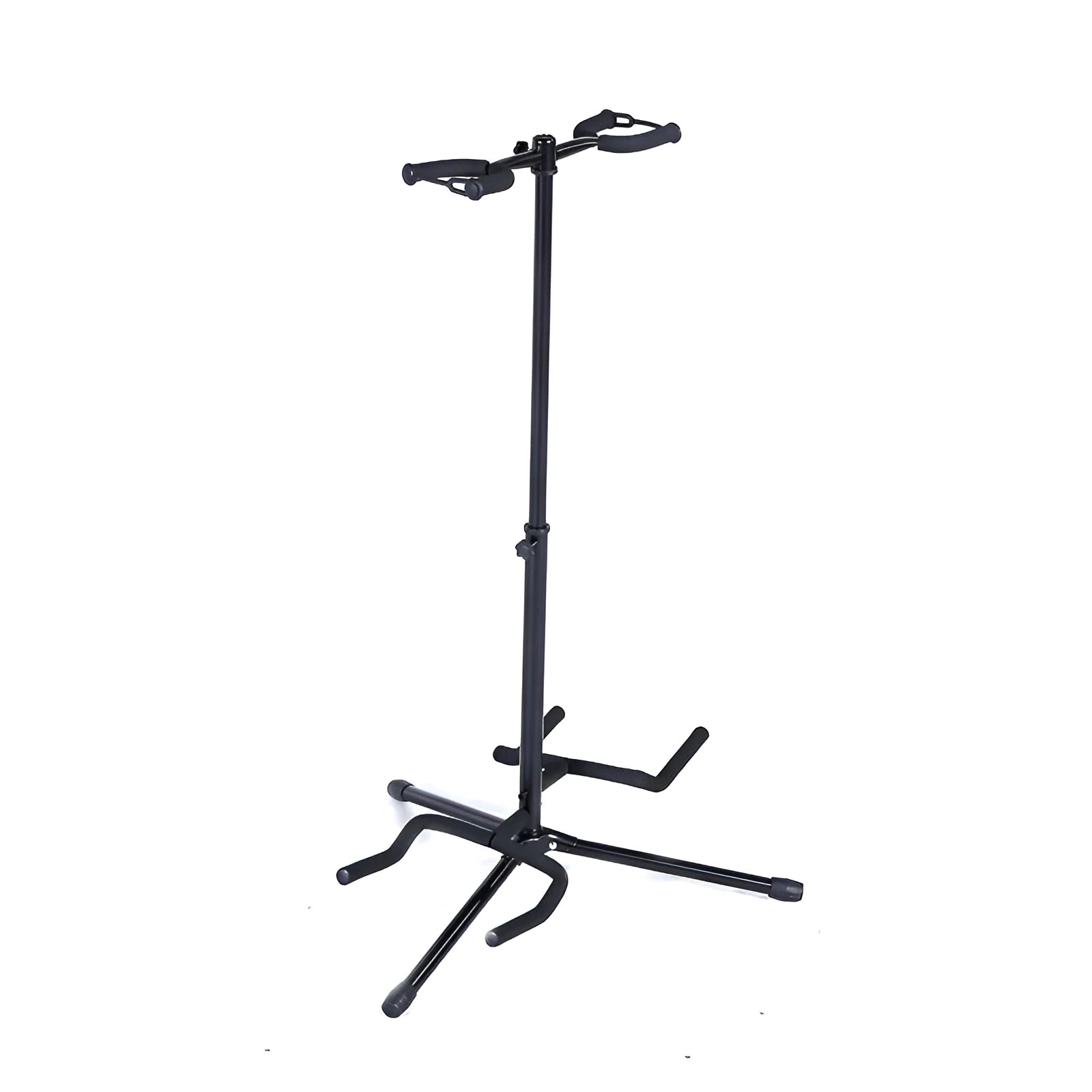 Black vertical double-headed adjustable iron guitar stand on a floor