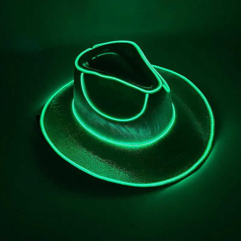 LED wireless fluorescent cowboy flashing hat in green, front view, EVA and EL wire construction, average size