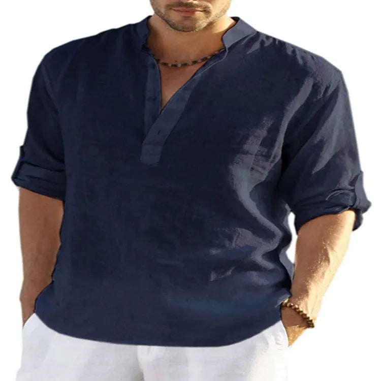 Men's cotton linen shirt with stand collar and long sleeves in solid colour