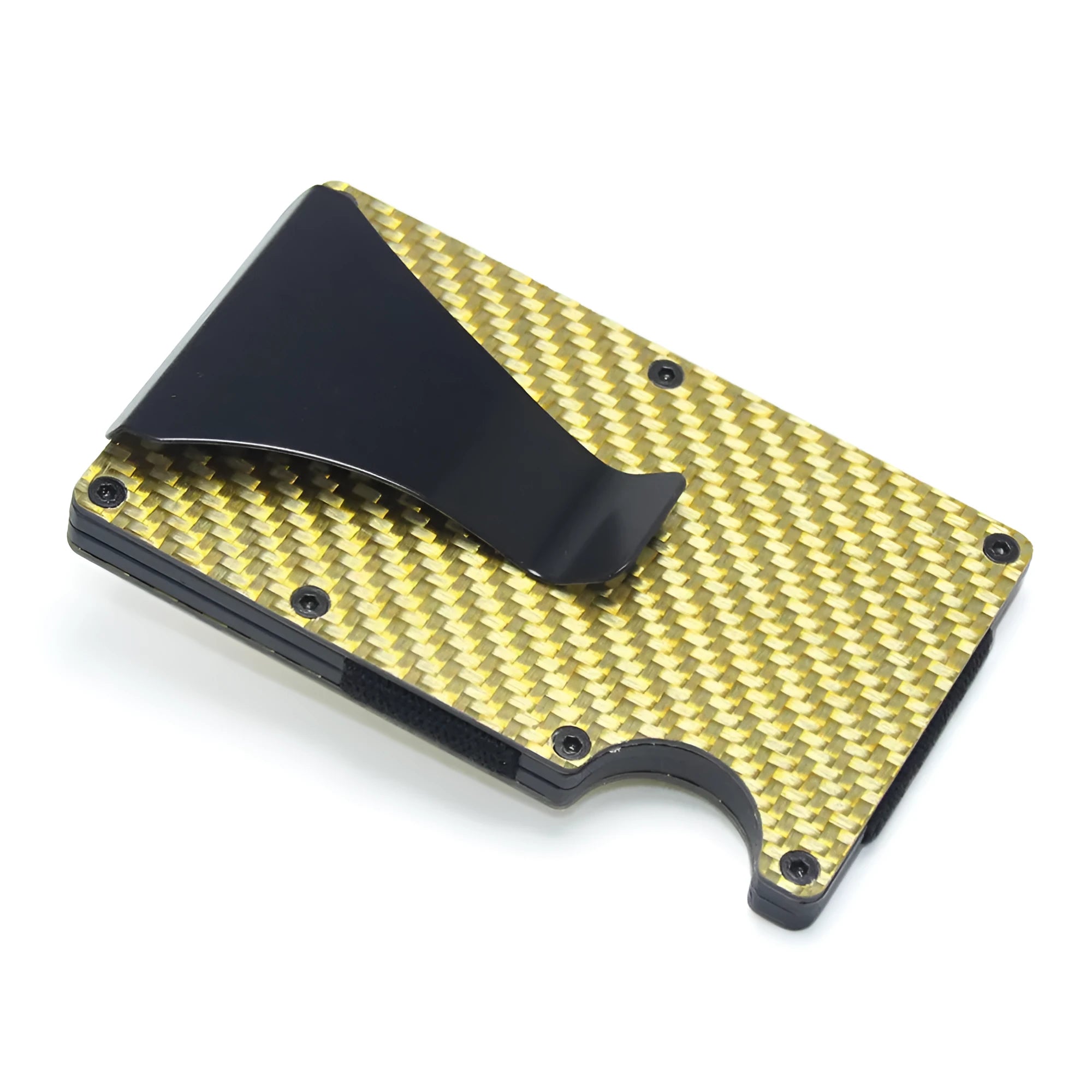 Geometric aluminium carbon fibre card holder with 8mm thickness showing black silver red colour options
