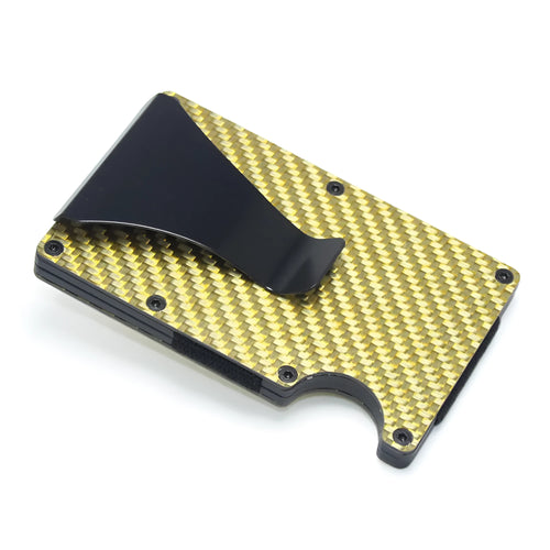 Geometric aluminium carbon fibre card holder with 8mm thickness showing black silver red colour options