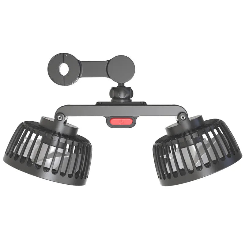 Black USB-powered car rear seat fan mounted on headrest with adjustable controls