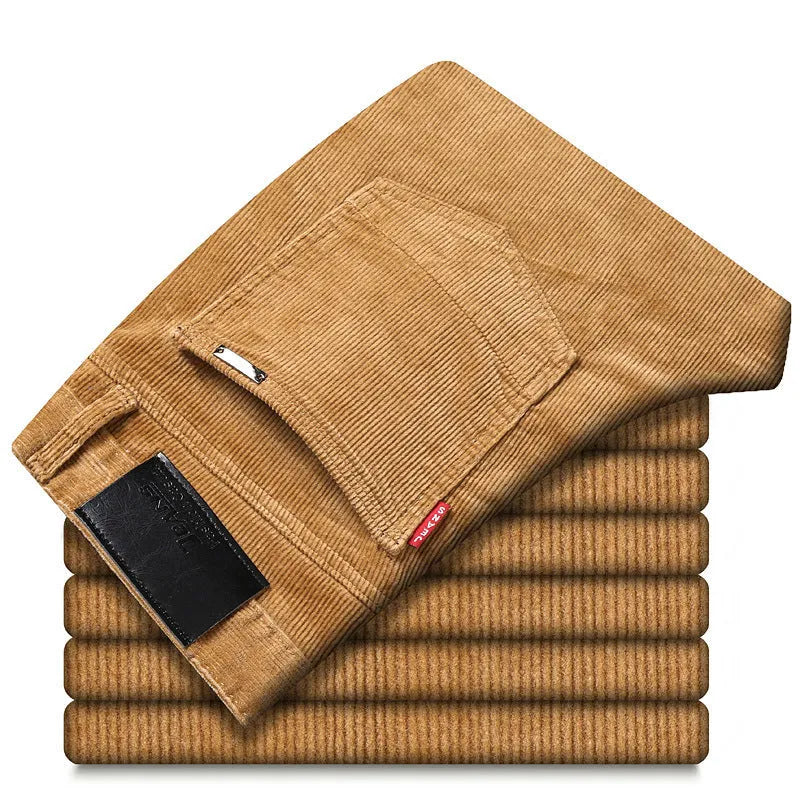 Straight slim-fit cotton corduroy trousers in brown, shown from front