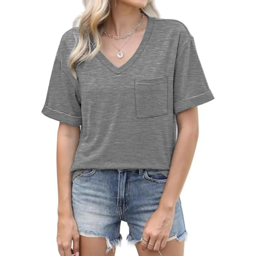 Grey loose fit men's V-neck T-shirt with chest pocket in Japanese Korean casual style