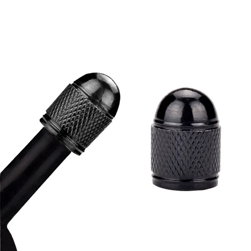 Aluminium mountain bike tyre valve cap shown in five colour options: black, blue, gold, silver, and red.