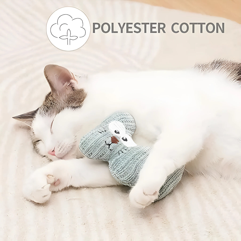 Cyan knitted plush cat toy with bell measuring 12cm by 11cm for cats to chew and play with