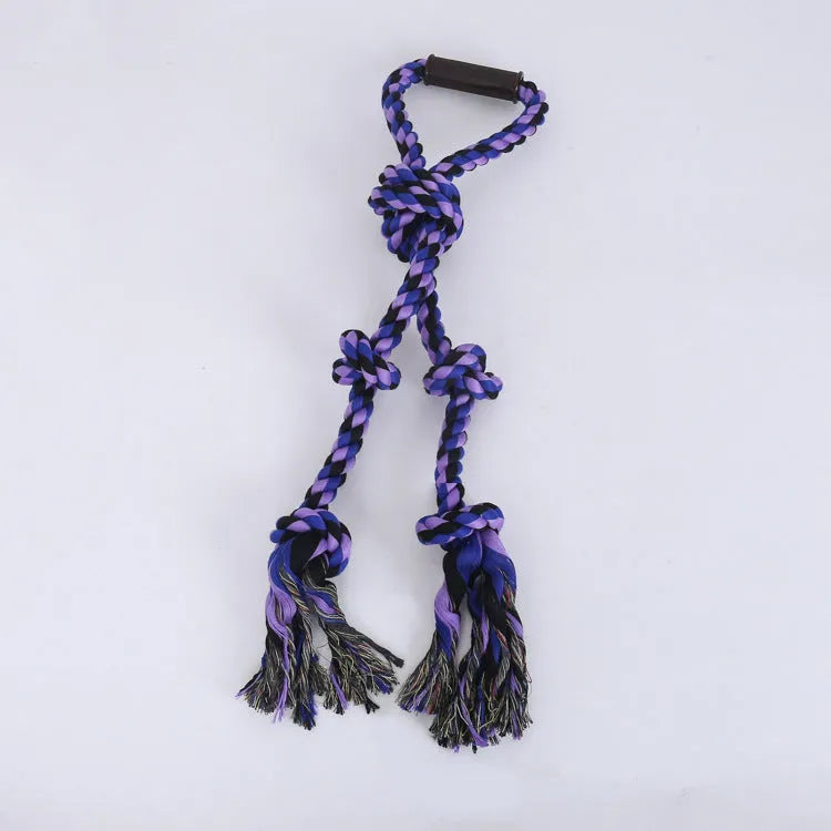 Large blue cotton rope dog toy with handle for tug-of-war games and dental cleaning