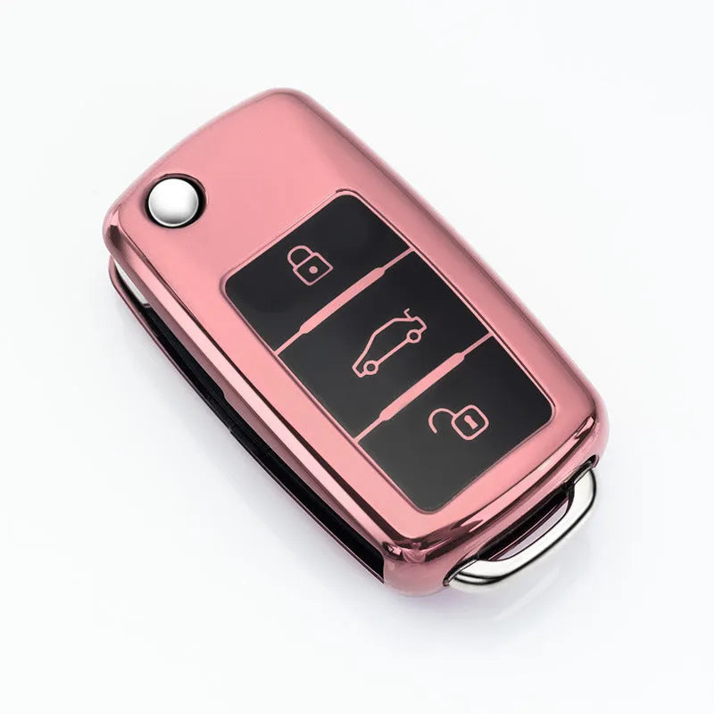 TPU protective case for a Volkswagen folding car key fob in blue, pink, red, and silver colour options.