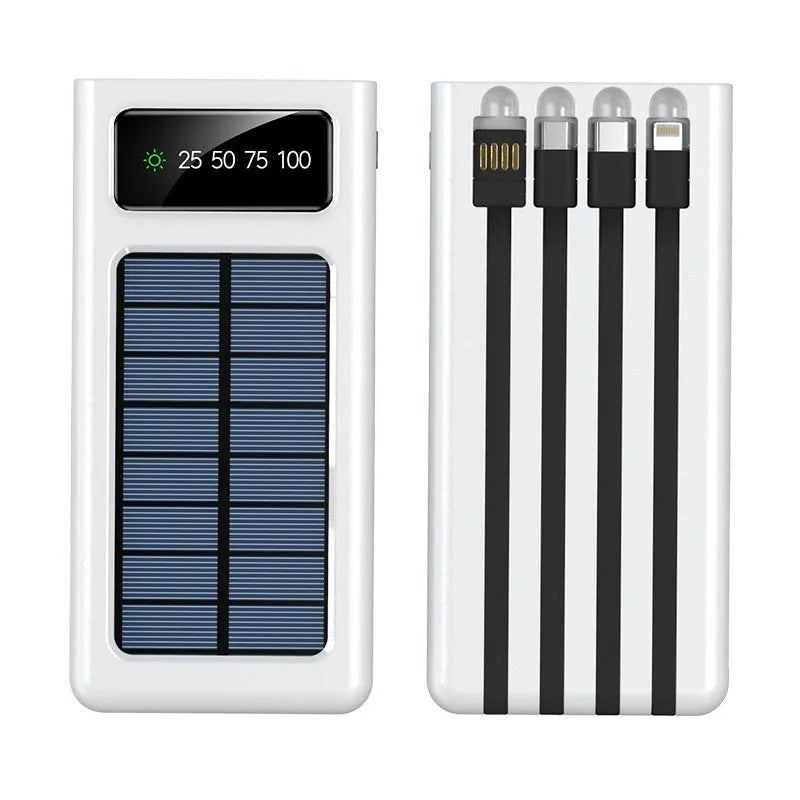 Solar power bank with integrated charging cable in black or white plastic casing