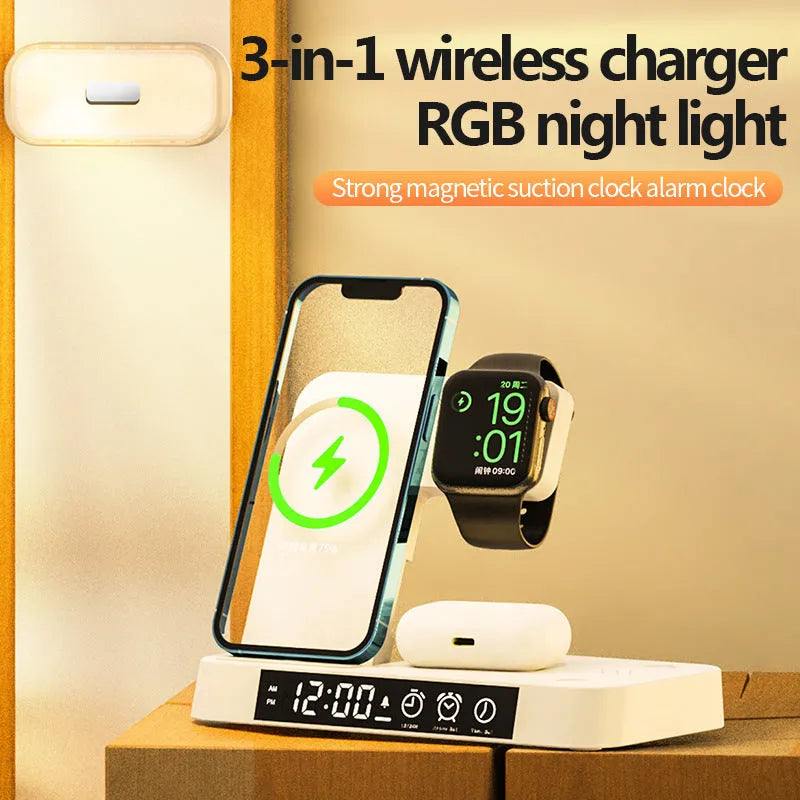 White 4-in-1 foldable wireless charging station showing phone charging on stand, with alarm clock display and RGB night light glow.