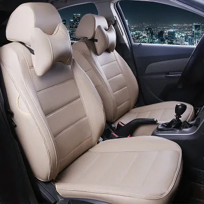 Genuine leather car seat cover in beige and black colour options with red stitching details