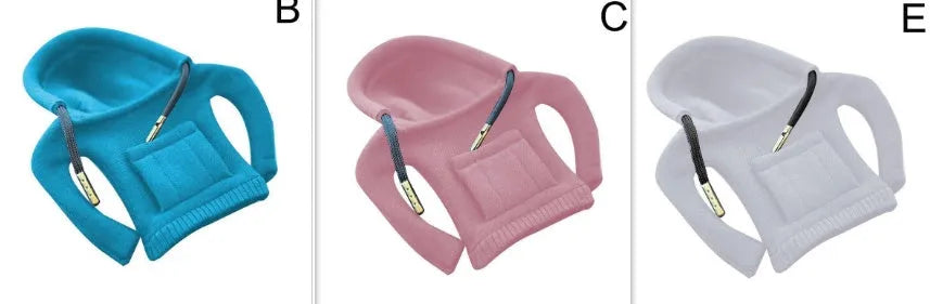 Cloth gear shift knob hoodie cover in assorted colours, shown next to a car gear stick.