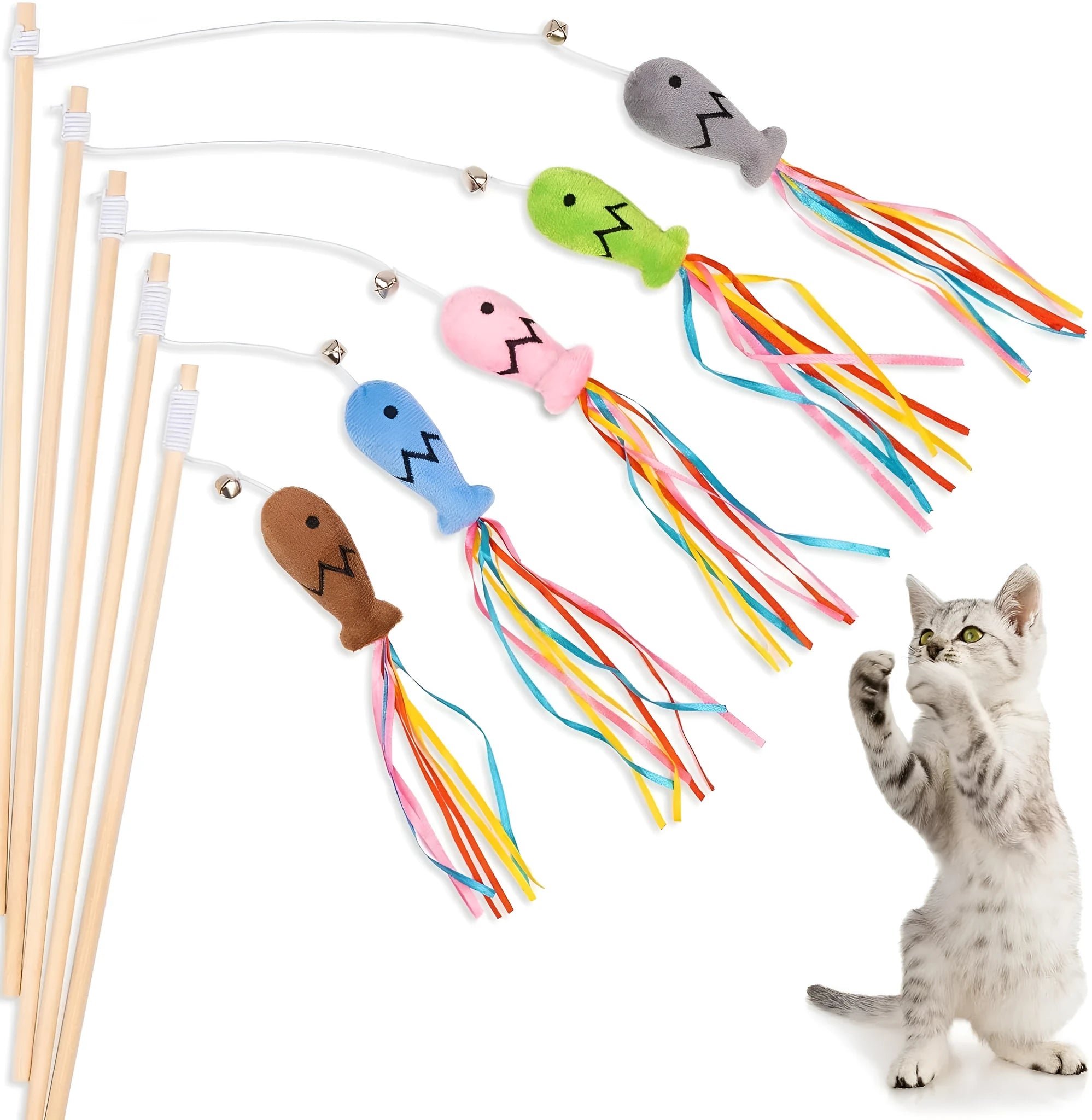 Blue cat wand toy with colourful ribbons, a catnip fish, and a bell on a wooden handle.