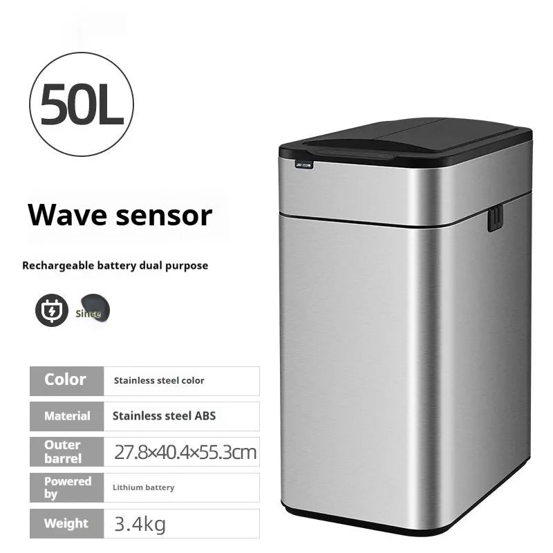 Stainless steel inductive smart ashbin with square shape and touch-free lid.