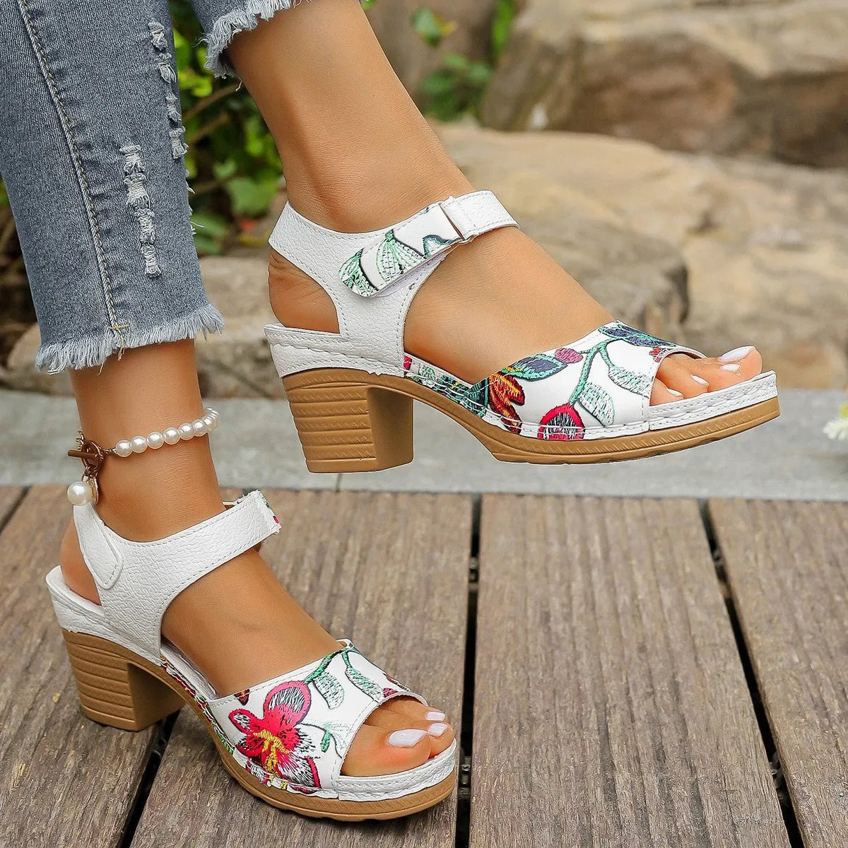 White women's high-heel casual sandals with an adjustable Velcro strap buckle.
