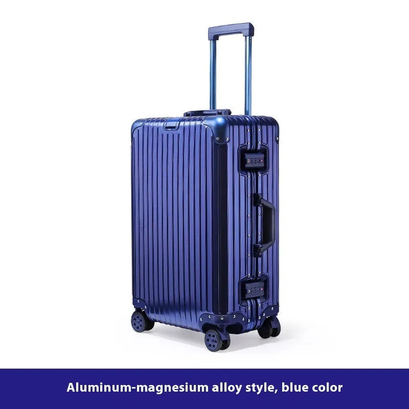 Alloy trolley case luggage in silver colour with metal frame and universal wheels for business travel