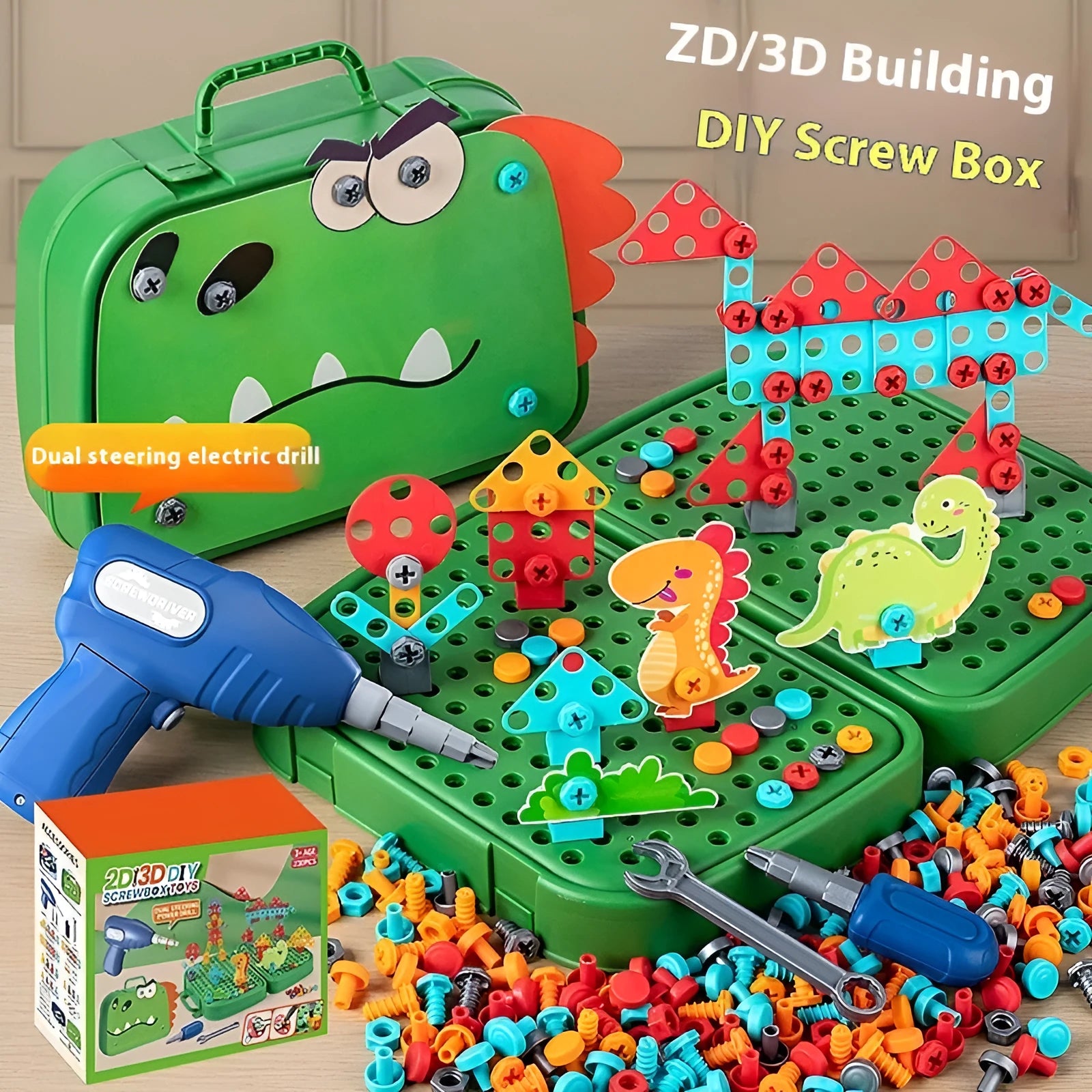 Children's screw puzzle toy with electric drill and plastic screws in a colour box, Big Dinosaur theme