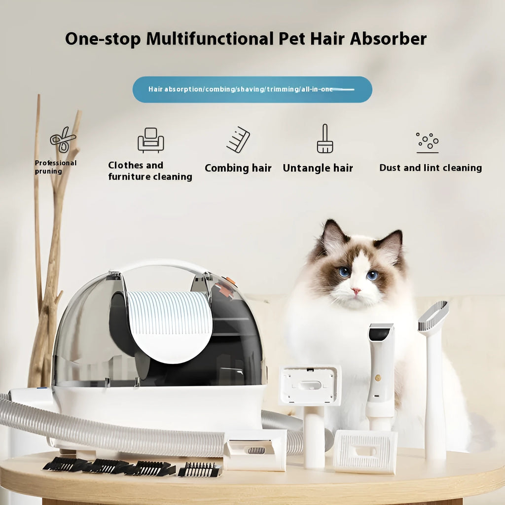 Pink and white pet grooming vacuum cleaner with hair clipper attachment and accessories on a white background.