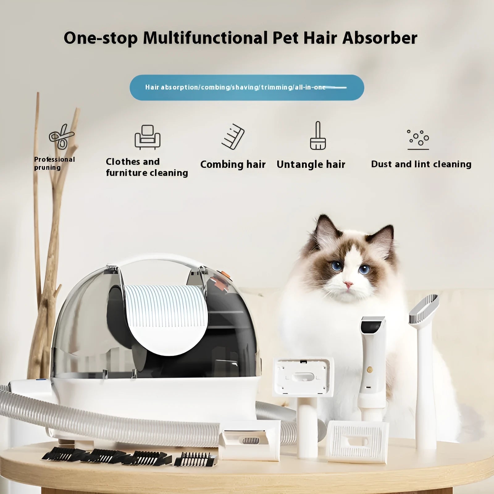 Pink and white pet grooming vacuum cleaner with hair clipper attachment and accessories on a white background.