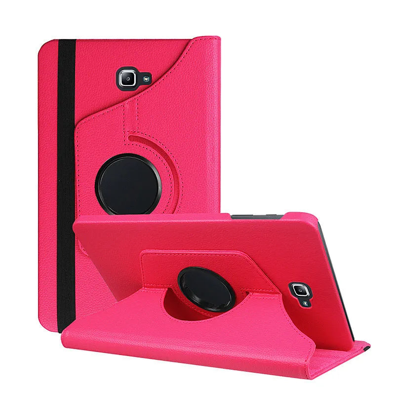 Rotating leather tablet case in clamshell design showing 360-degree mechanism and litchi grain texture