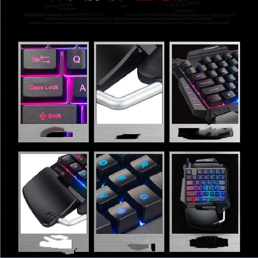 Black one-handed gaming keyboard with programmable shortcut keys and integrated hand rest for left-handed battle royale gamers