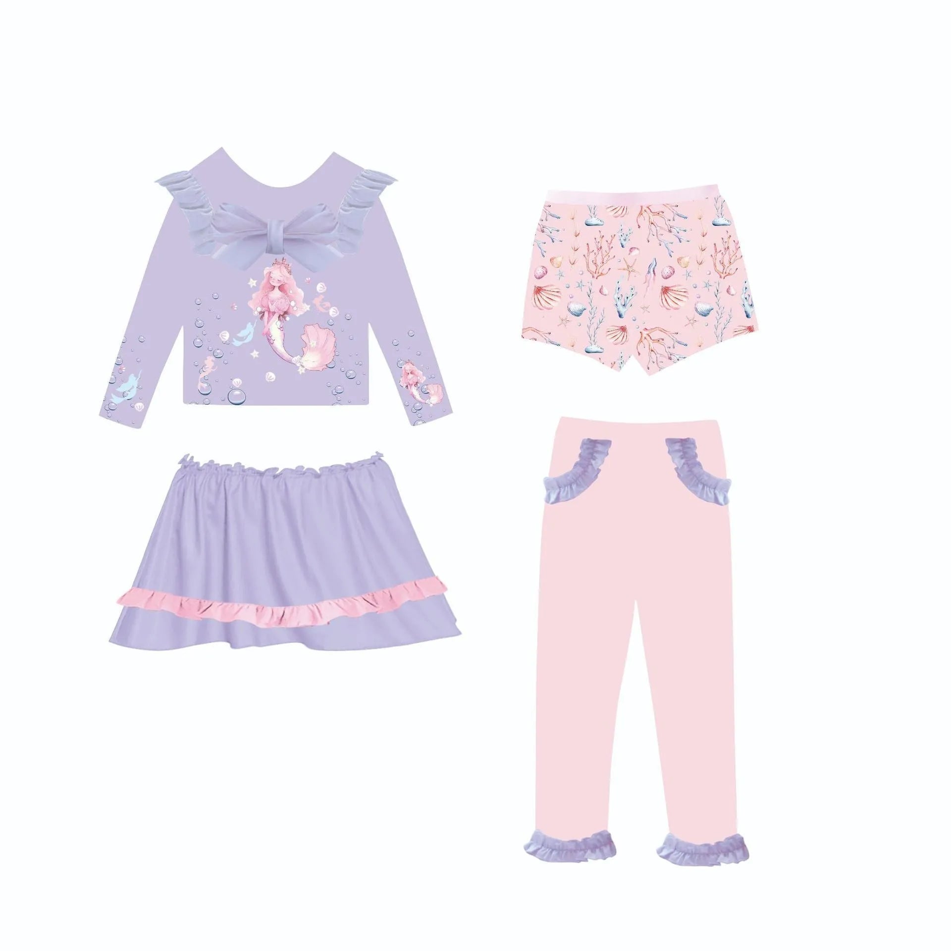 Girl's mermaid swimsuit set with gilded detailing in Baby Ocean colour, showing top, skirt, trousers, and shorts.