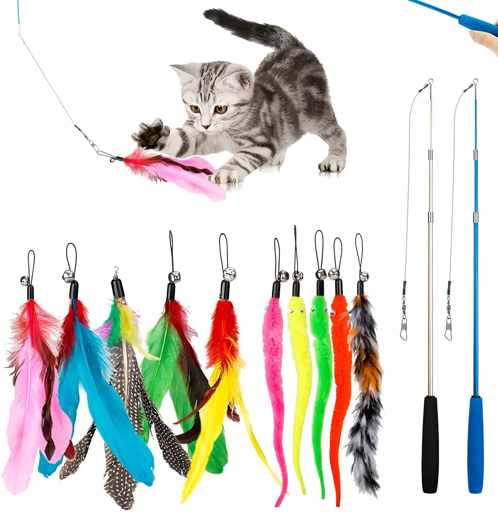 Cat teasing pole set with two extendable rods and ten feather replacement heads