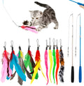 Cat teasing pole set with two extendable rods and ten feather replacement heads