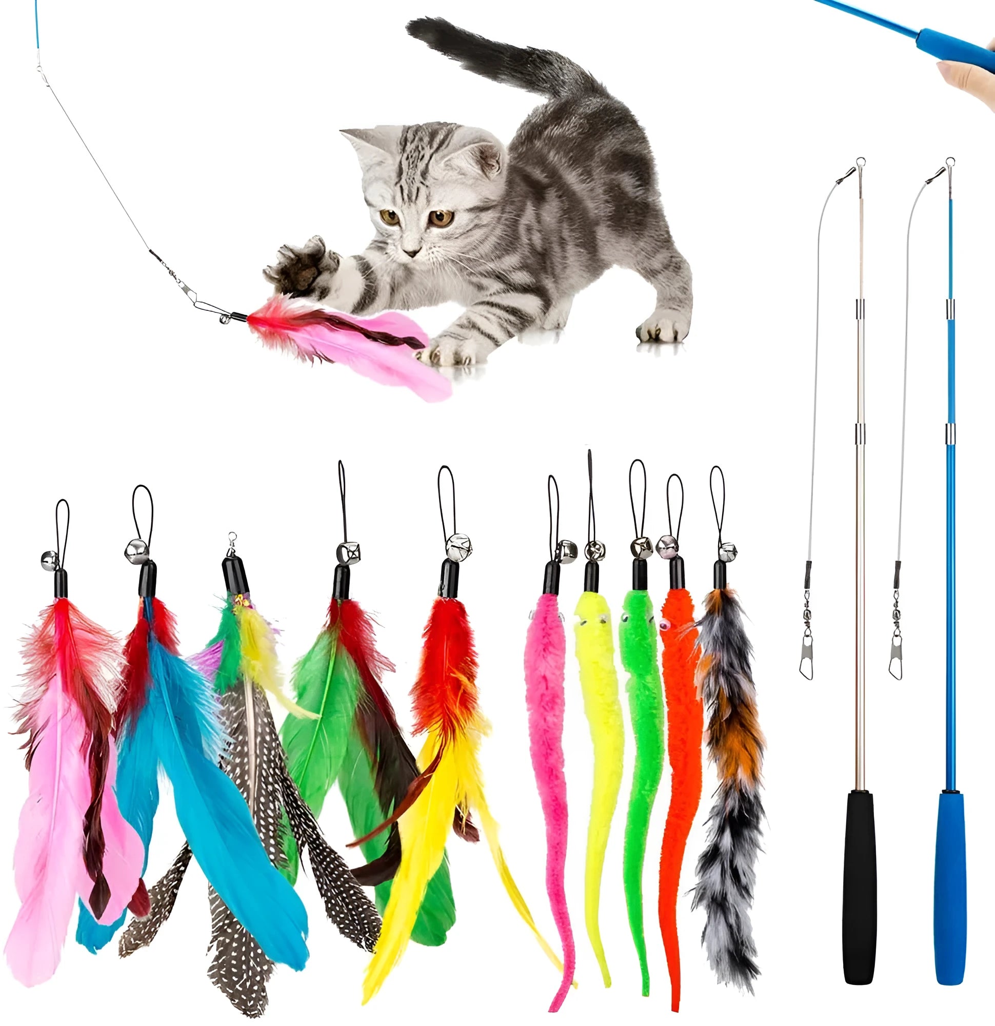 Cat teasing pole set with two extendable rods and ten feather replacement heads
