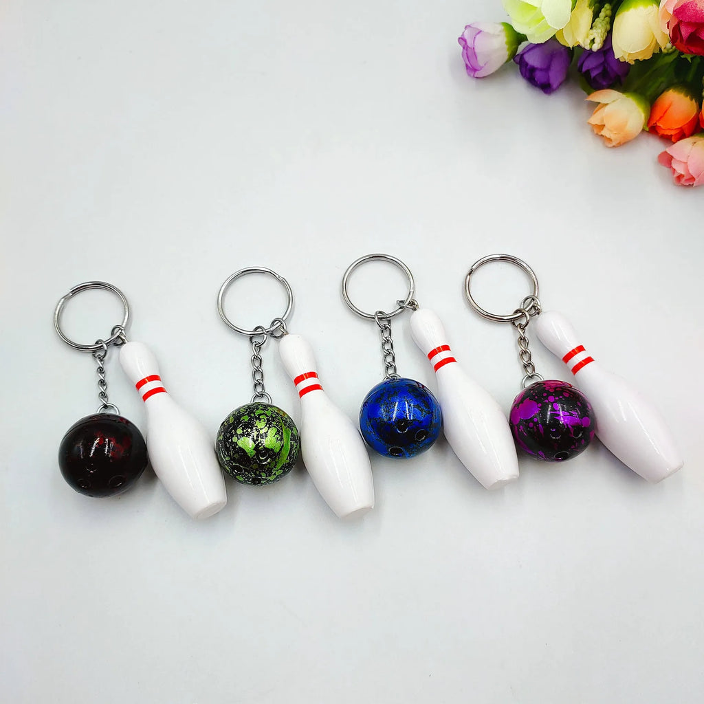Mini bowling pin keychain pendant in PVC metal available in four colours
