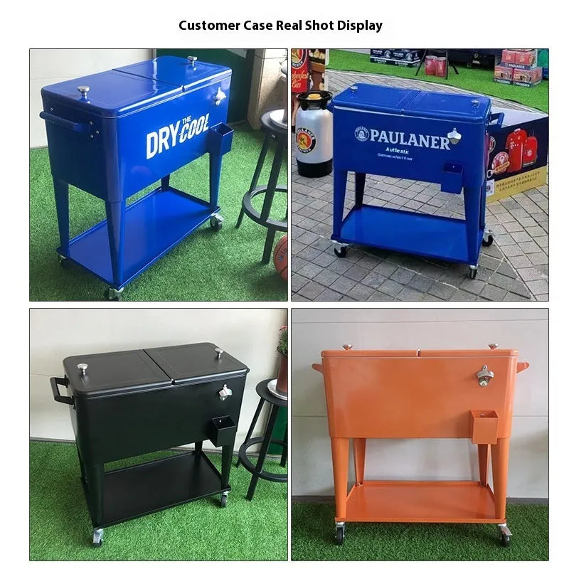Red metal outdoor insulated picnic trolley with wheels and a 750 capacity.