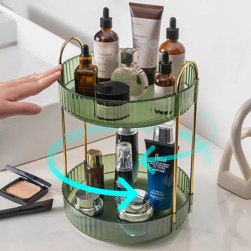 Three-layer rotating bathroom cosmetics storage rack in green, yellow, and white on a desktop