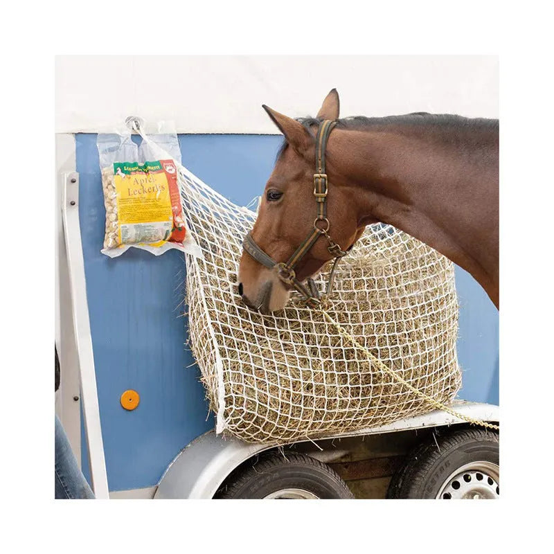 Black woven grid hanging feeding bag for horses and cattle, showing the PE rope construction.