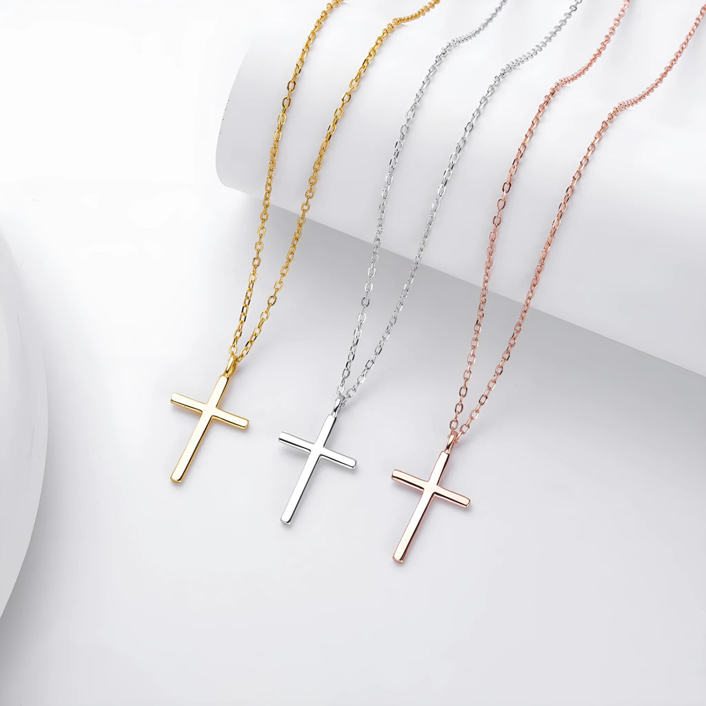 S925 sterling silver necklace with cross pendant on adjustable O-chain in gold, platinum, or rose gold finish