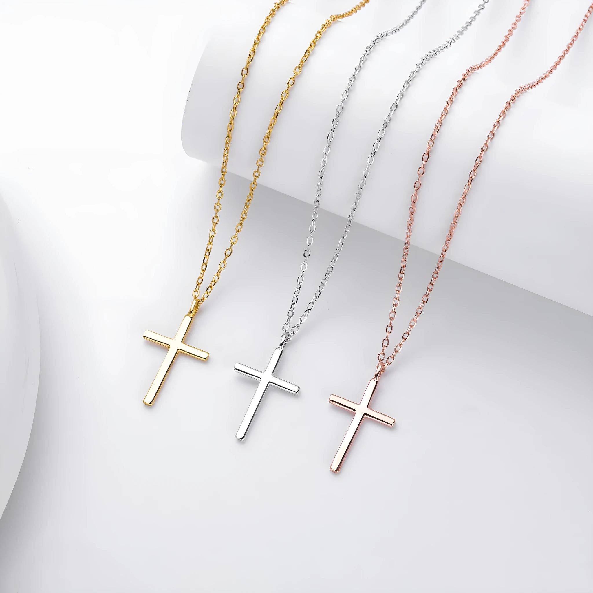 S925 sterling silver necklace with cross pendant on adjustable O-chain in gold, platinum, or rose gold finish