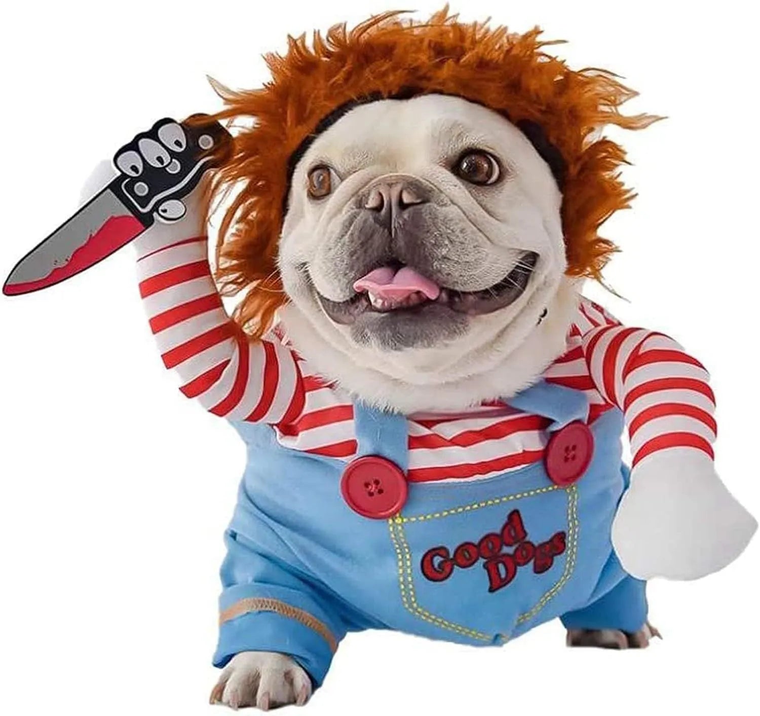 Striped Halloween costume pants and harness set for a dog or cat with a faux knife accessory.