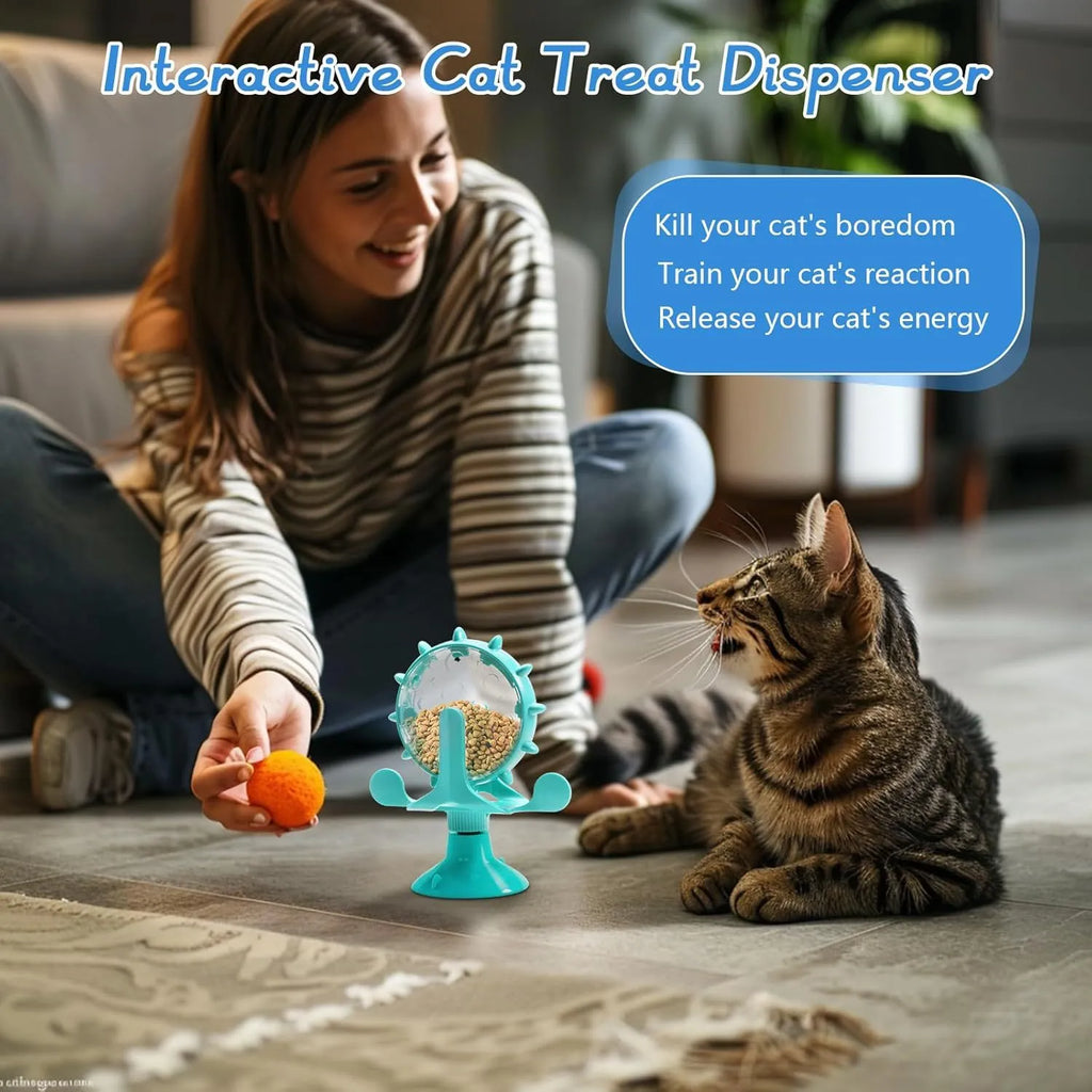Interactive cat puzzle toy with rotating snack dispenser in blue, green, red, or yellow colours