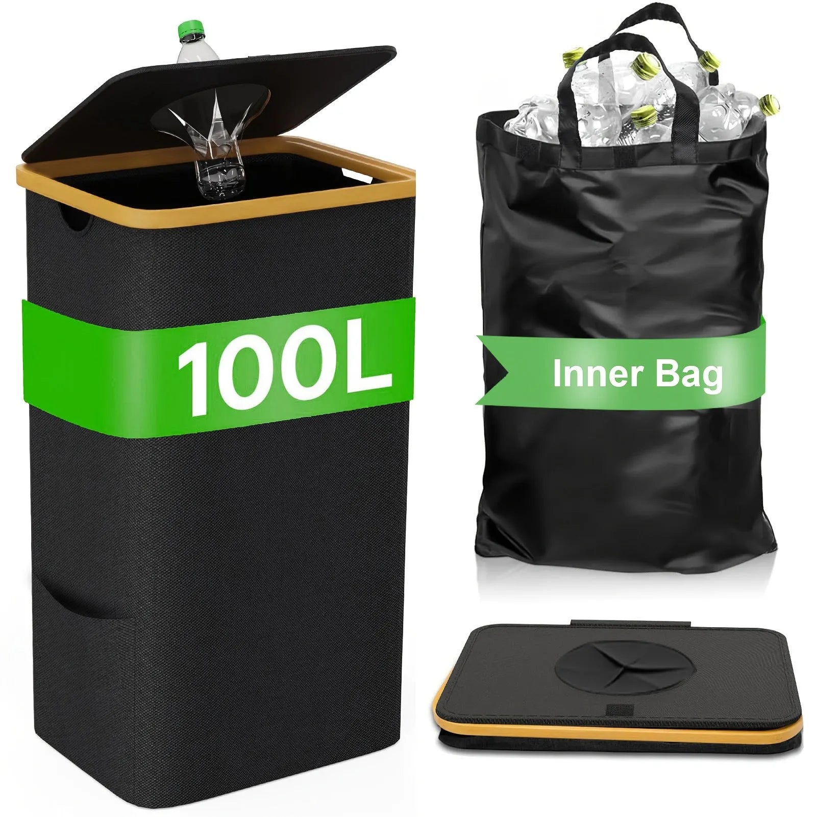 Black bamboo-texture storage basket with a removable lid, showing internal pockets and ventilation holes.