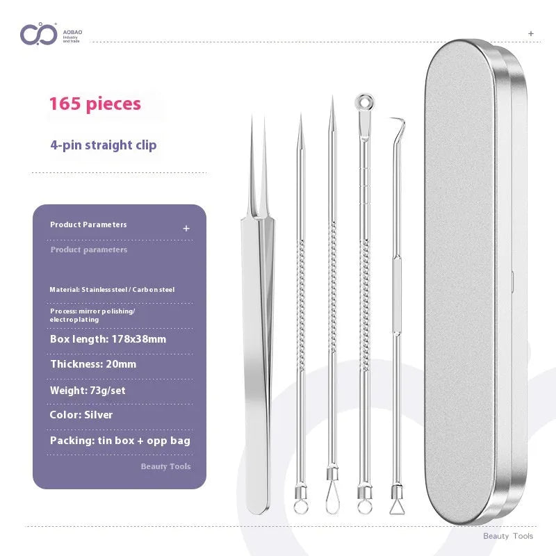 Four silver metal acne needles with ultra-fine pointed tips for skincare extraction.