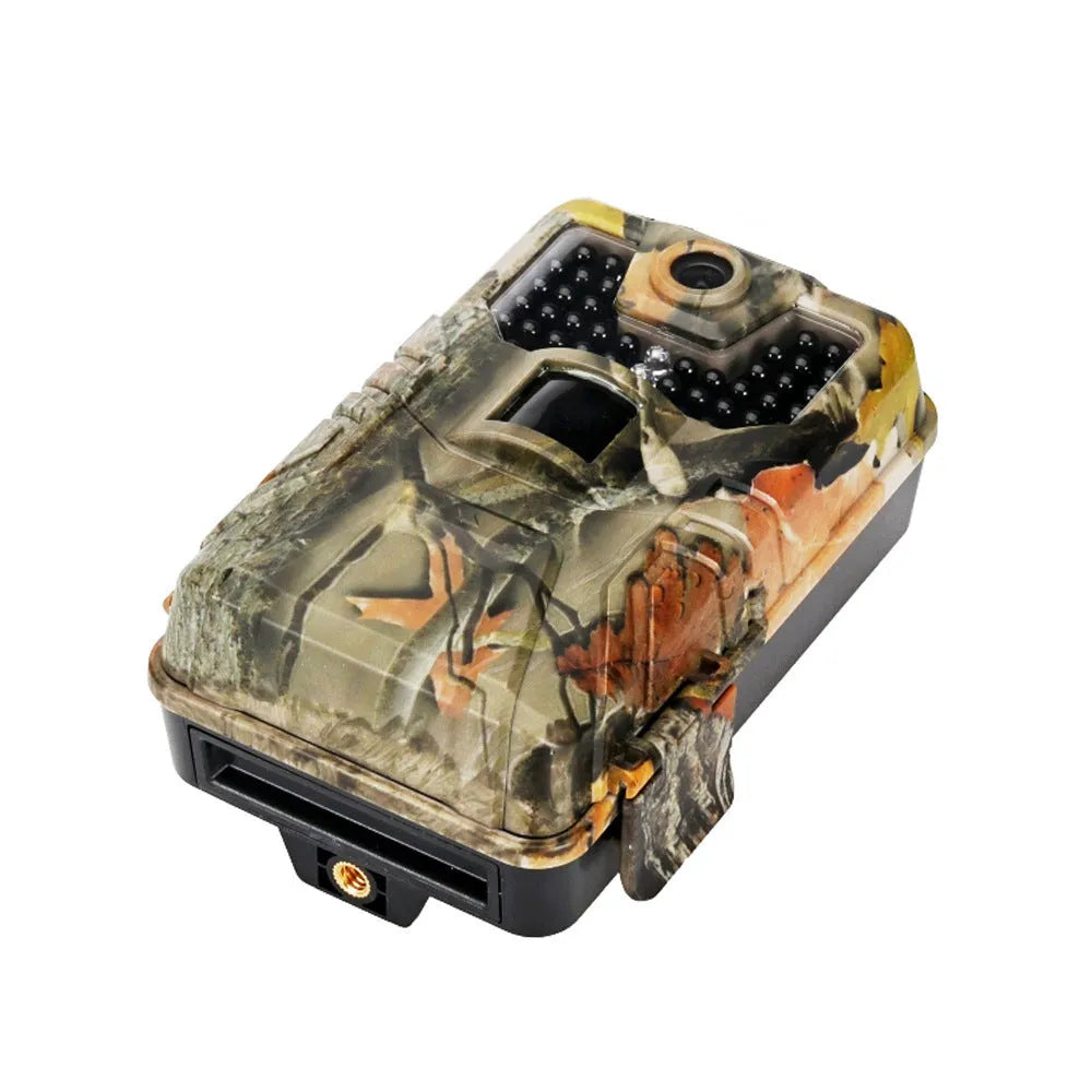 Compact camouflage infrared hunting camera with lens and infrared LEDs visible.