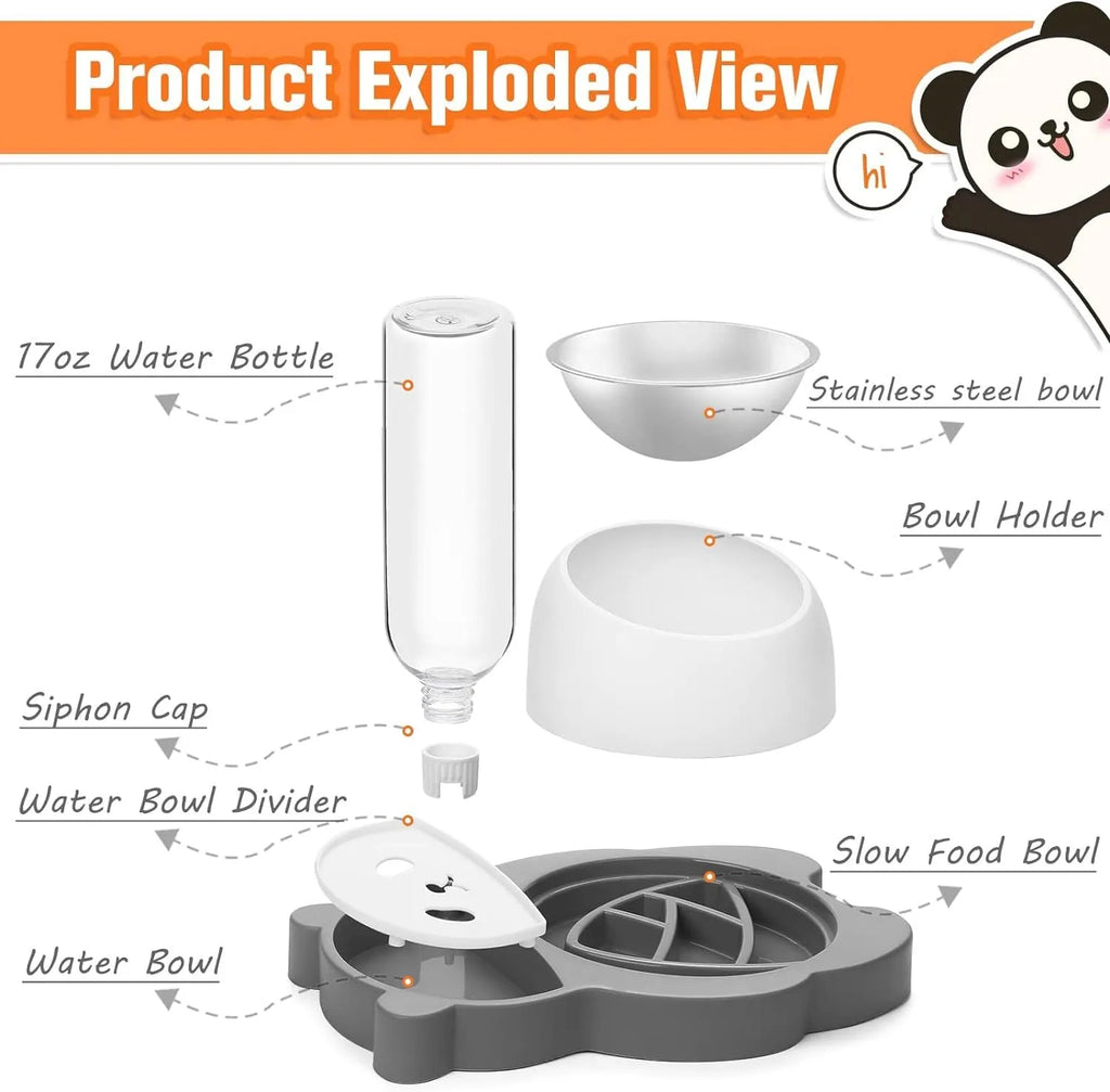 Grey panda-shaped automatic raised pet bowl set with tilted stainless steel bowls and water bottle