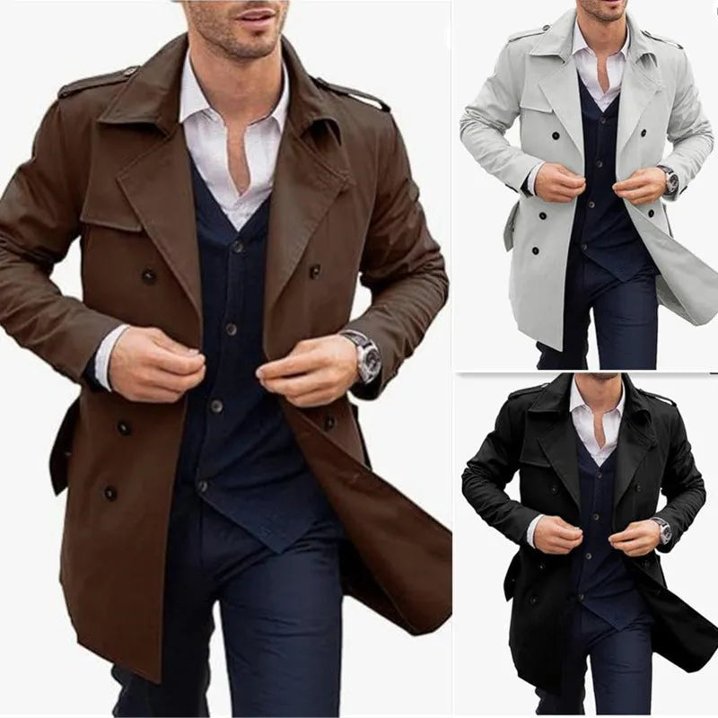 Men's double breasted mid-length polyester coat in black front view