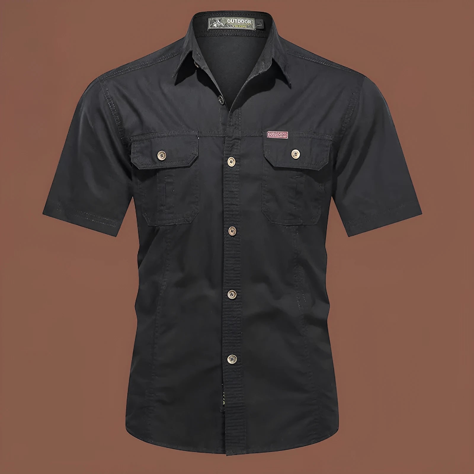 Men's short sleeve cotton work shirt in loose fit cardigan style with non-ironing treatment
