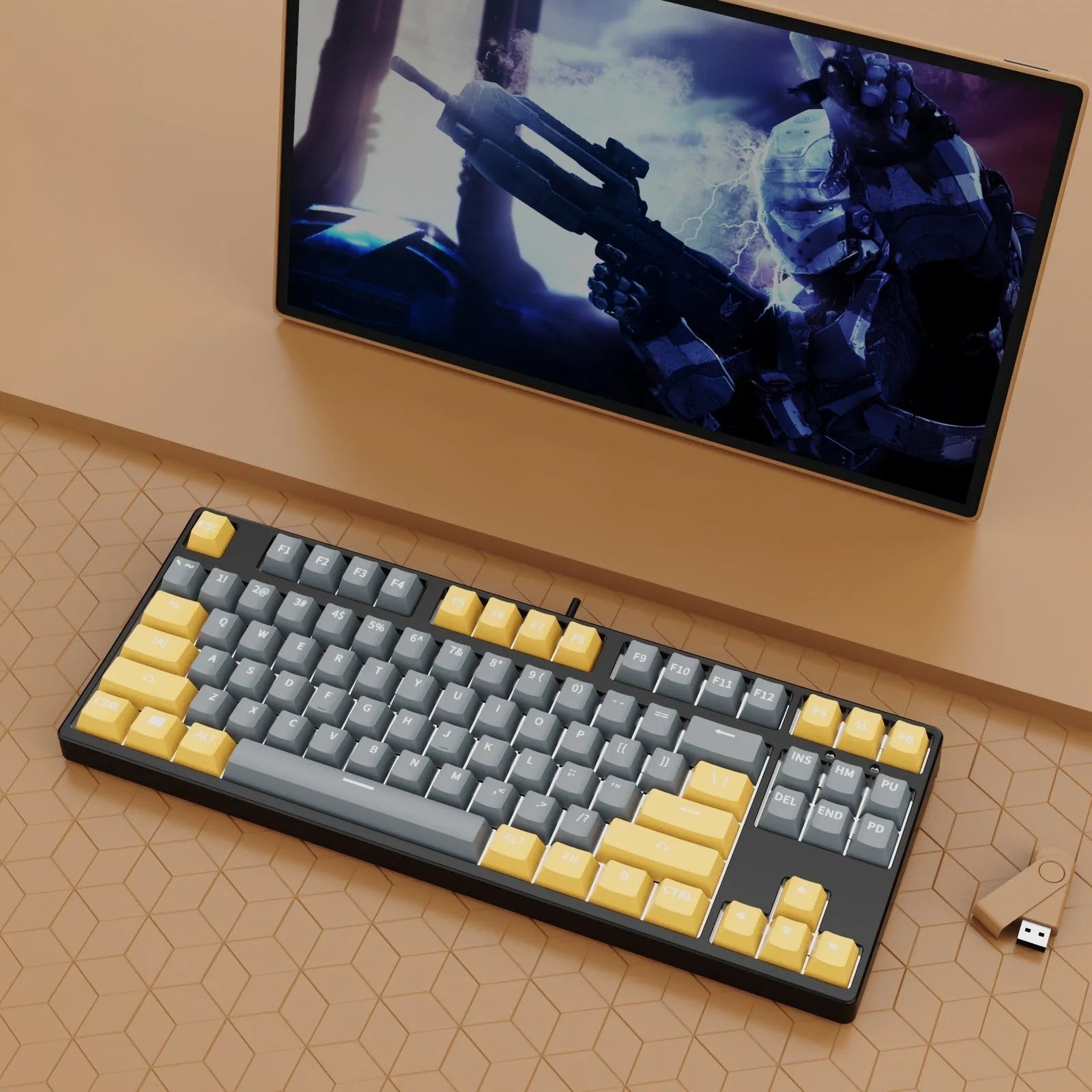 87-key tenkeyless mechanical keyboard in a dual-colour keycap design with metal frame
